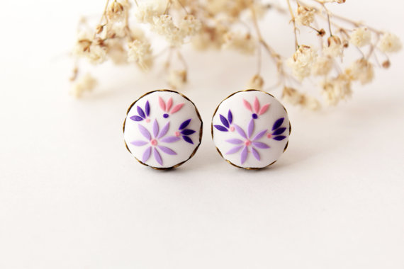 Vintage Style Daisy Earrings Embroidered Purple Flowers on 