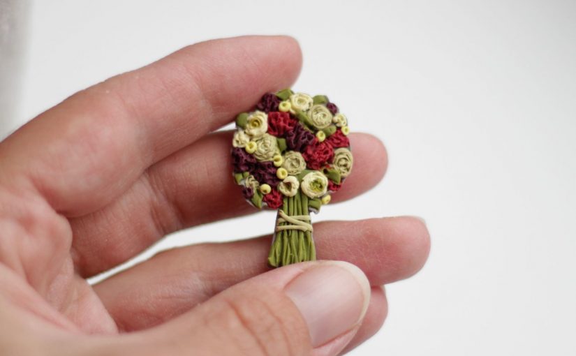 Polymer clay miniature bouquet brooch