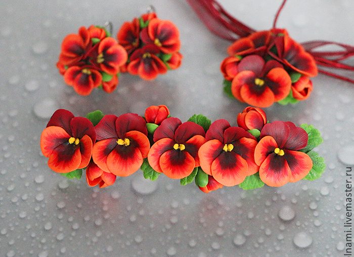 Polymer clay jewelry with pansies