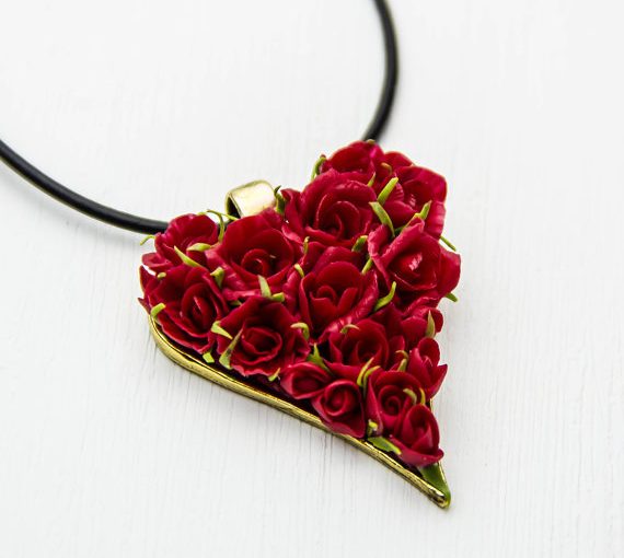 Polymer clay roses heart pendant