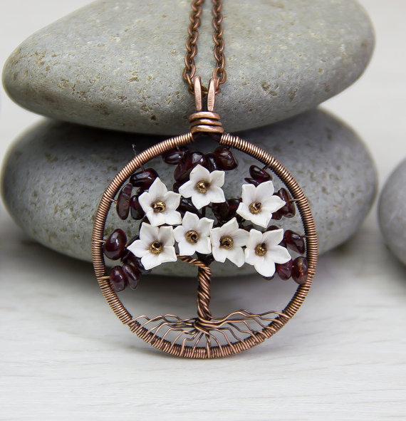 Tree Of Life necklace pendant - garnet stone copper wire wrapped pendant - brown wired copper jewelry - modern tree necklace rustic