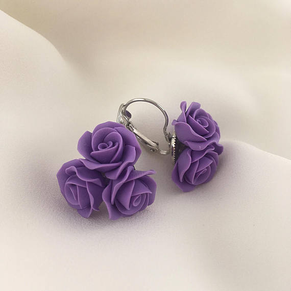 Purple polymer clay jewelry, Purple rose earrings, Polymer clay jewelry, Violet earrings, Gift for her, Floral jewelry, Polymer clay earrings. Rose earrings